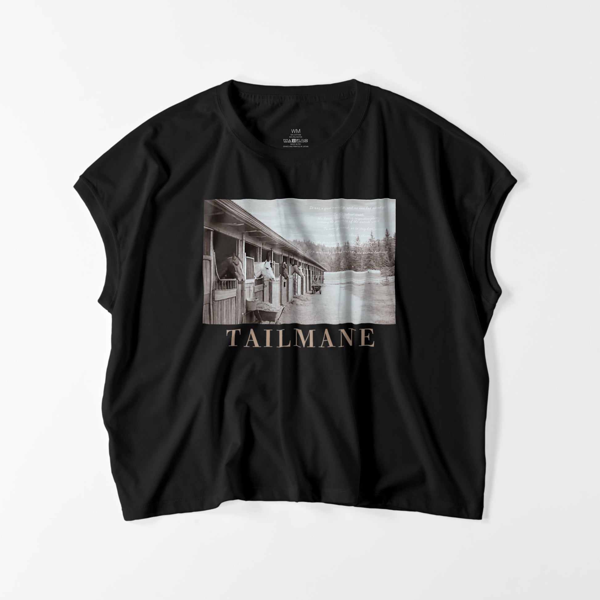 静かな厩舎の朝 スリーブレス ワイドTシャツ（レディース）  7Color T067 black image