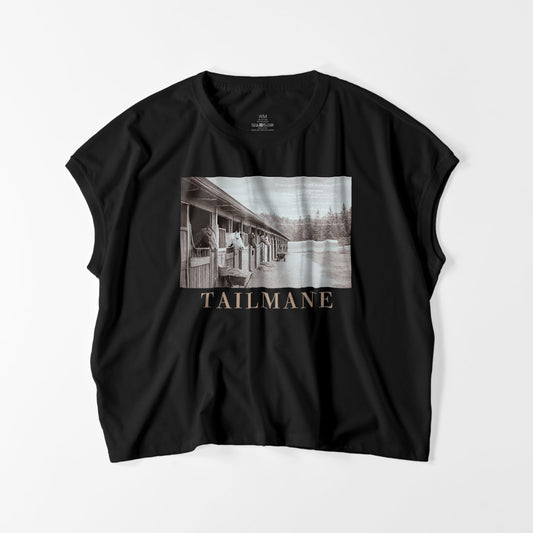 静かな厩舎の朝 スリーブレス ワイドTシャツ（レディース）  7Color T067 black image